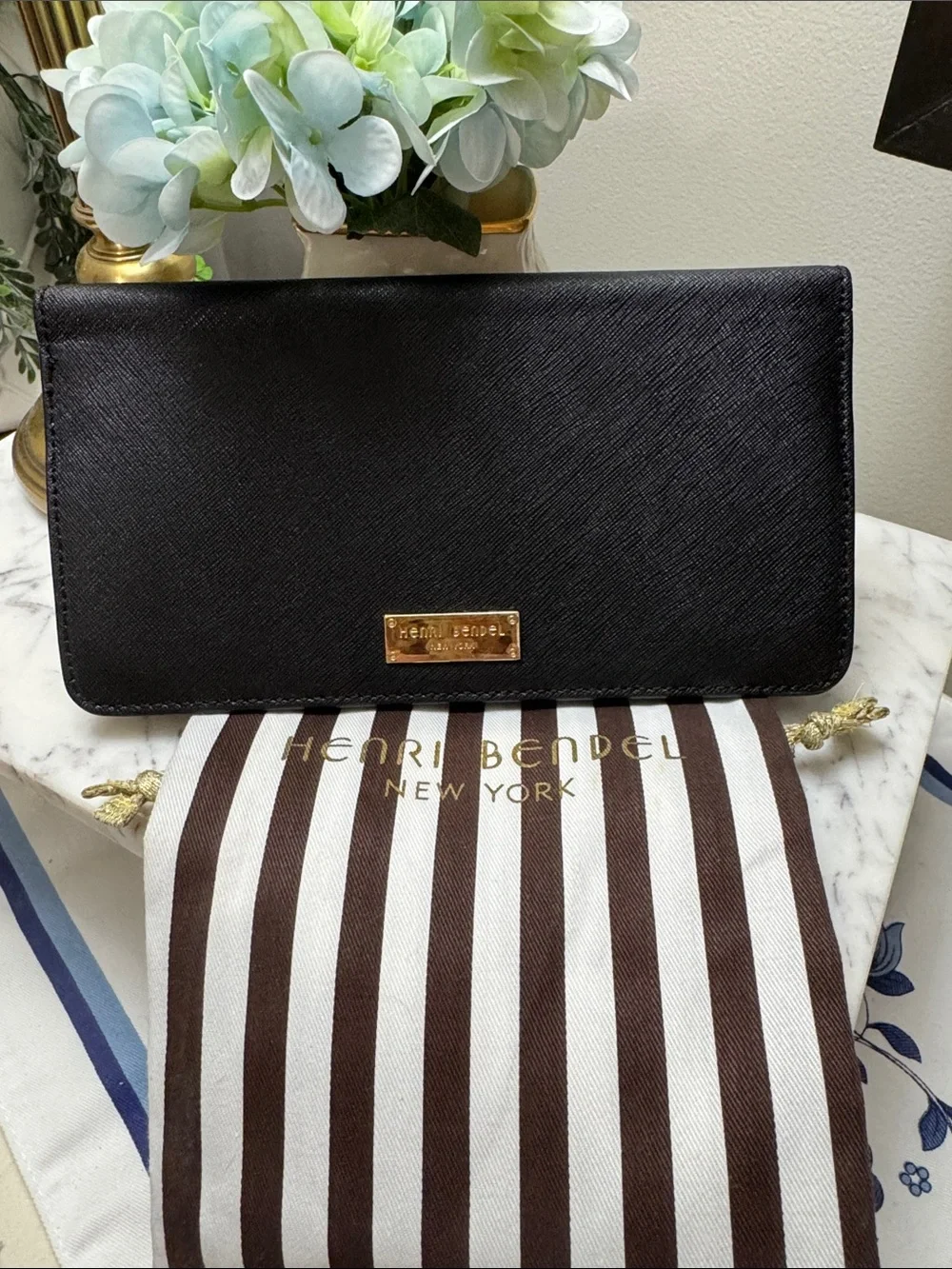 henri bendel Black Saffiano Leather Wallet with Gold Plaque